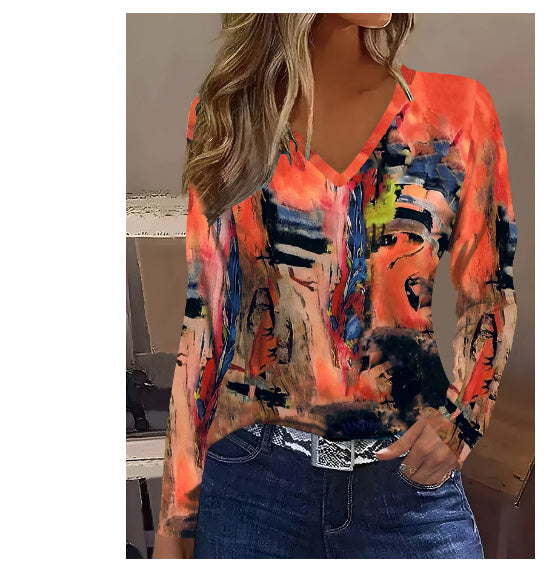 Elegant Abstract Painting V-neck Long Sleeve T-shirt