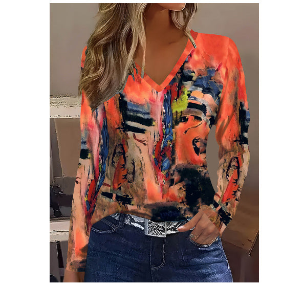 Elegant Abstract Painting V-neck Long Sleeve T-shirt