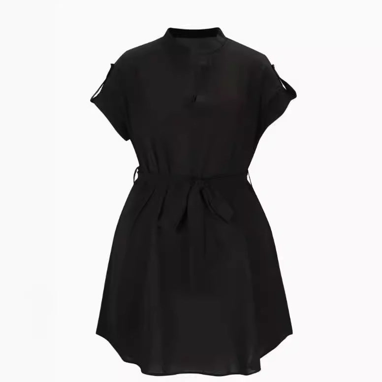 V-neck Short Sleeve Dress With Belt Summer Fashion Bowknot Dresses For Women Clothing