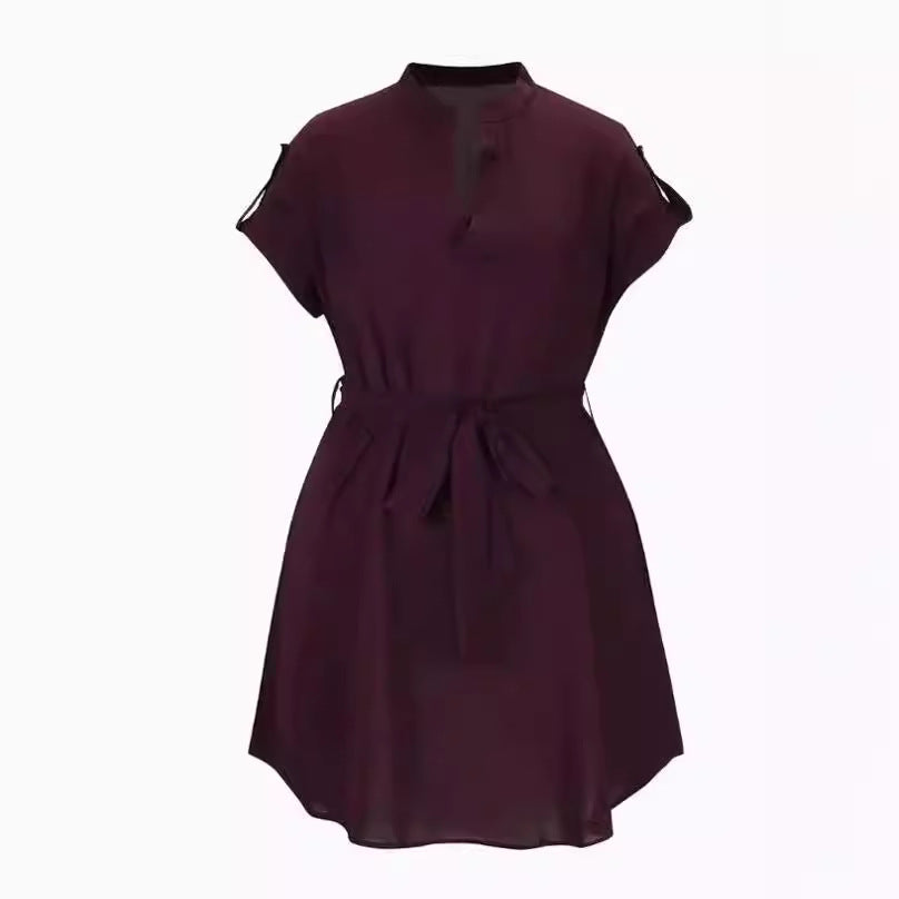 V-neck Short Sleeve Dress With Belt Summer Fashion Bowknot Dresses For Women Clothing