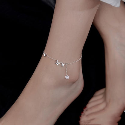 S925 Sterling Silver Butterfly Zircon Anklet Flower Tassel