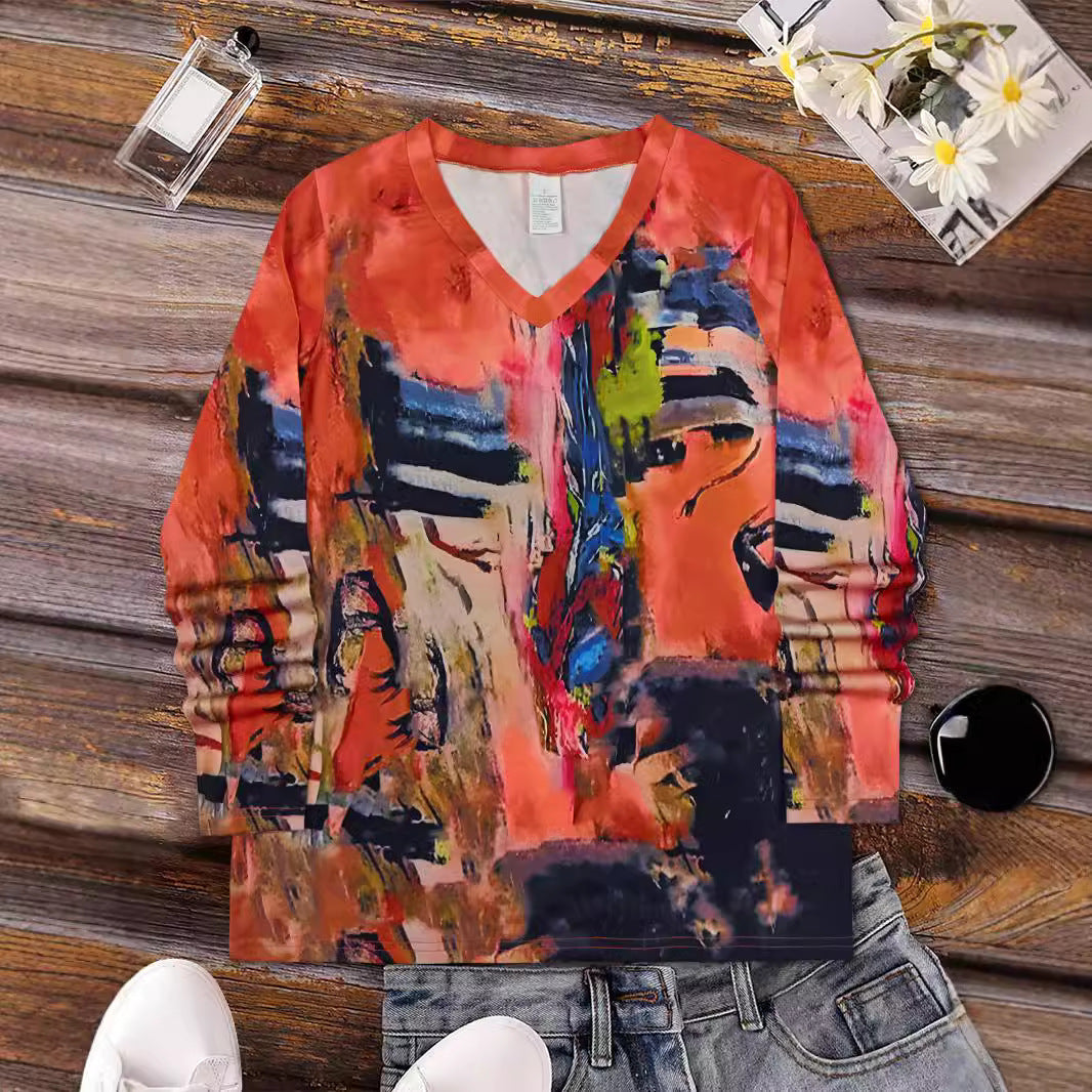 Elegant Abstract Painting V-neck Long Sleeve T-shirt